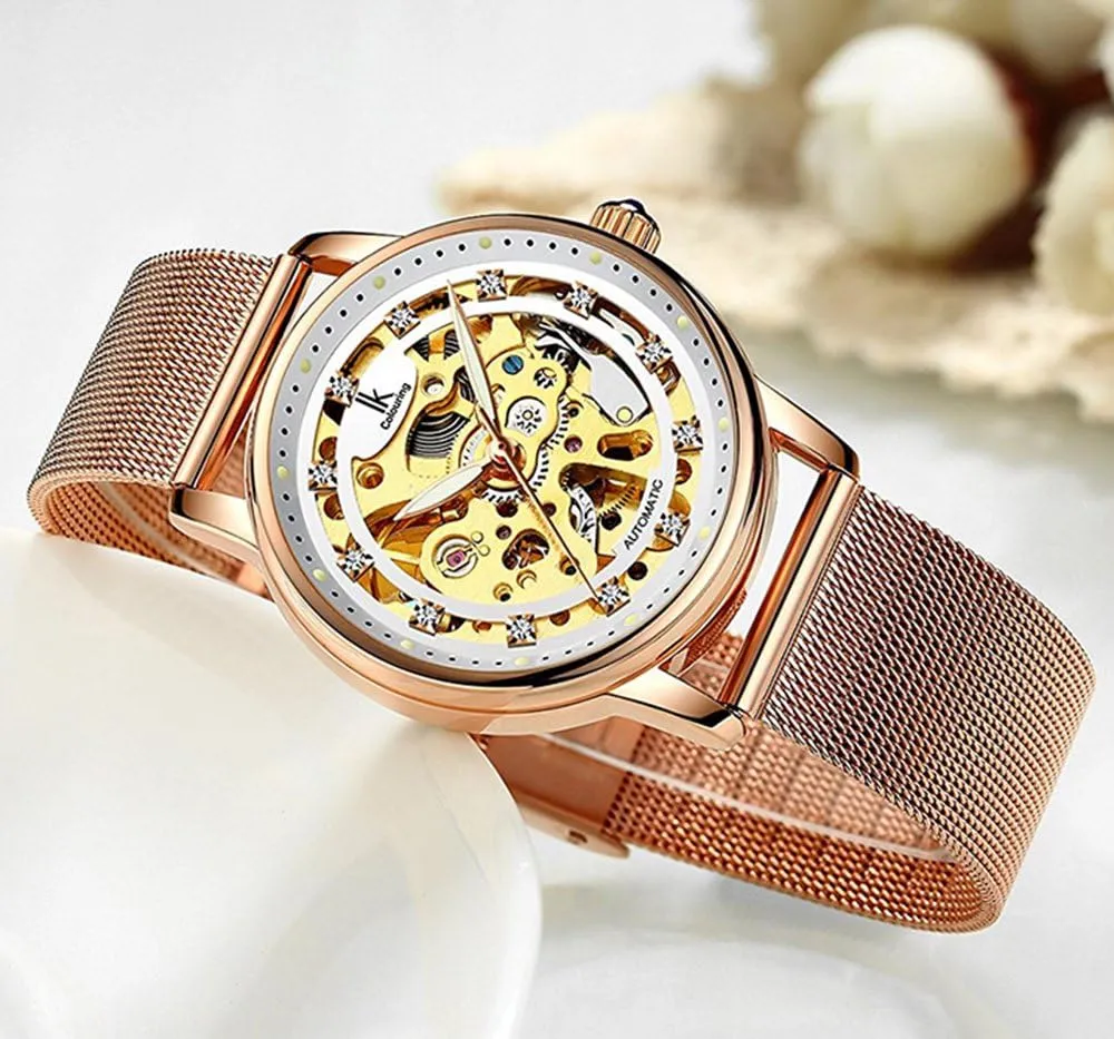 Gosasa Luxury Women Automatic Mechanical Watch Gold Stainless Steel Mesh Watch Band Dress Wrist Watch