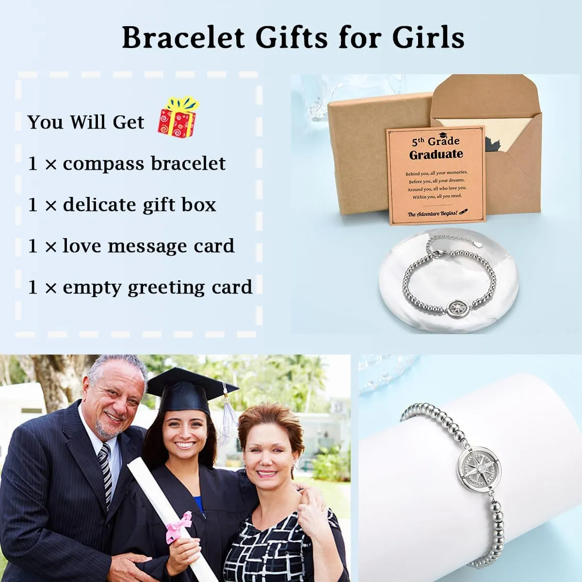 Graduation Gifts for Her, Class of 2025 High School 5th 6th 8th Grade College Masters Degree Graduation Compass Bracelet Jewlry Gifts for Girls Women