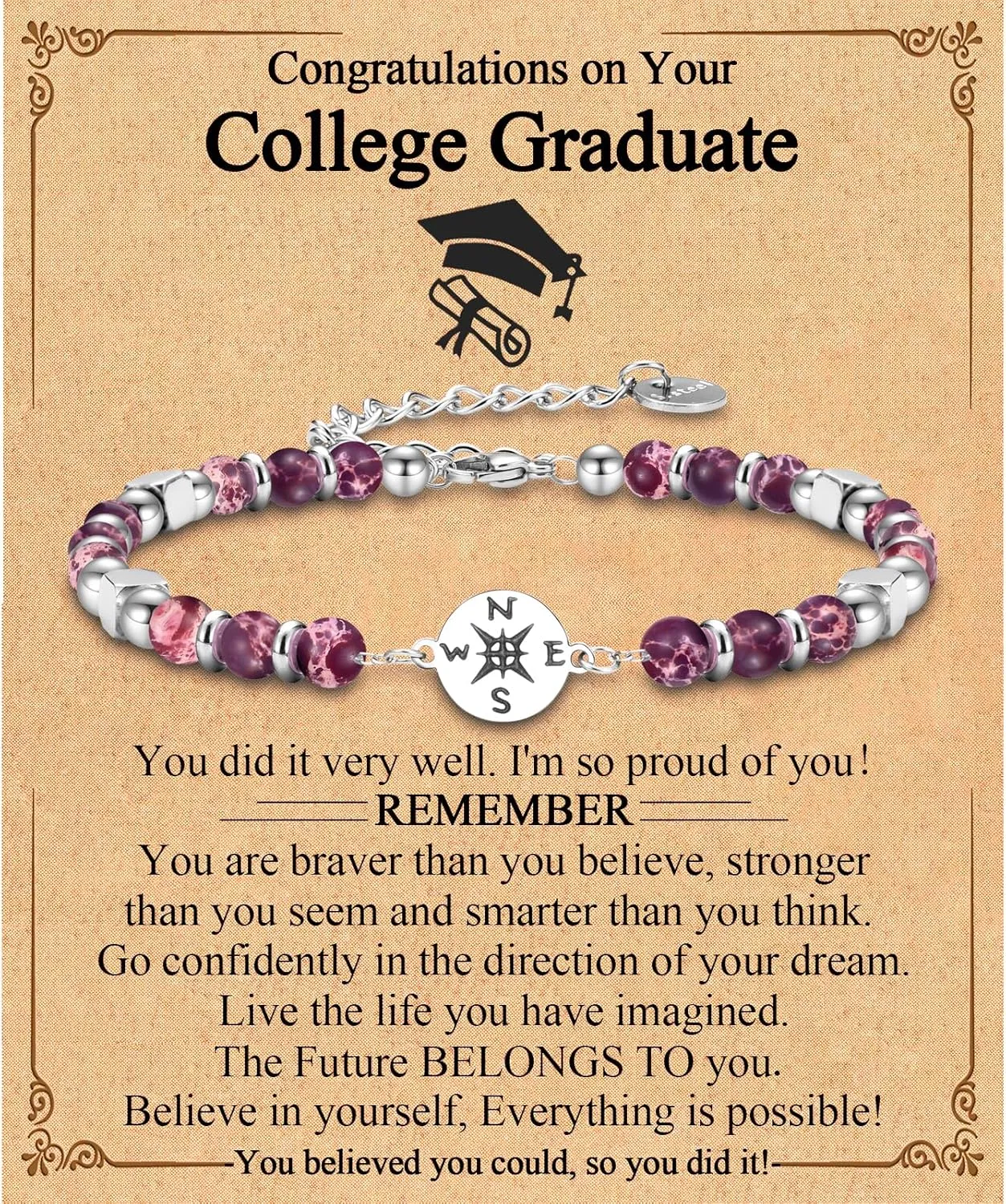 Graduation Gifts for Her Girls Women Class of 2025 High School/Kindergarten/Preschool/ 5th 6th 8th Grade/College/Master Degree/Middle School Graduation Gifts Compass Bracelet Jewelry for Her