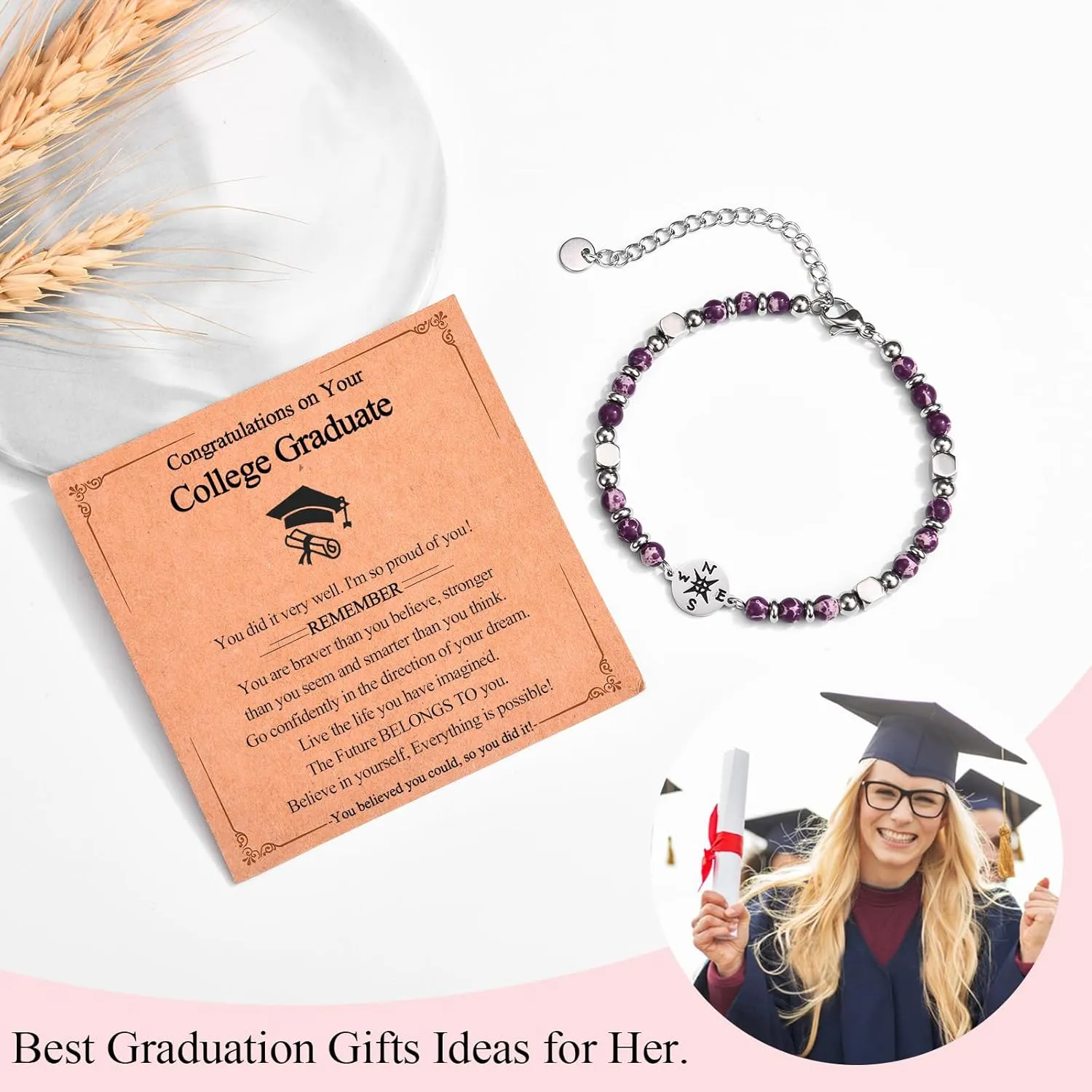 Graduation Gifts for Her Girls Women Class of 2025 High School/Kindergarten/Preschool/ 5th 6th 8th Grade/College/Master Degree/Middle School Graduation Gifts Compass Bracelet Jewelry for Her
