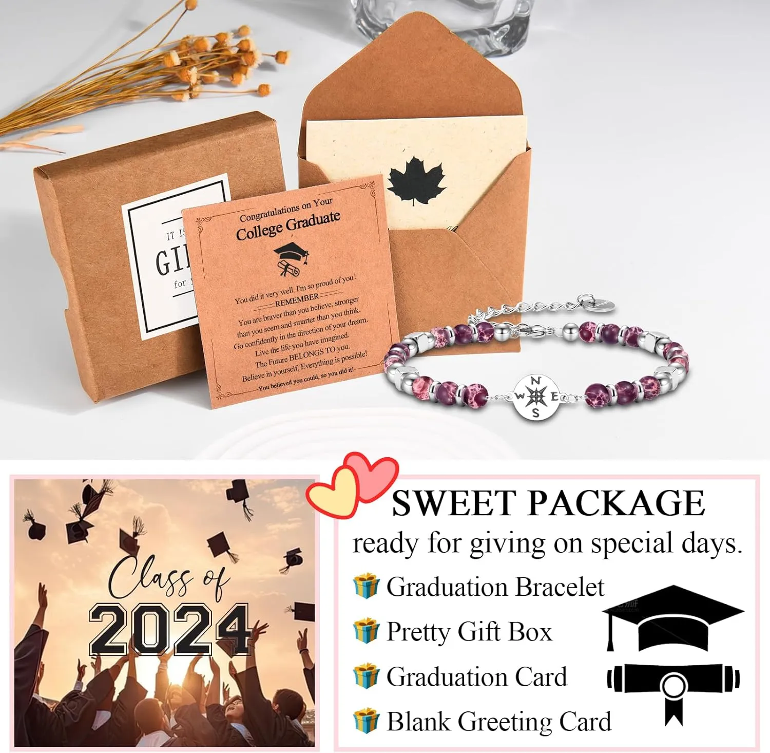 Graduation Gifts for Her Girls Women Class of 2025 High School/Kindergarten/Preschool/ 5th 6th 8th Grade/College/Master Degree/Middle School Graduation Gifts Compass Bracelet Jewelry for Her