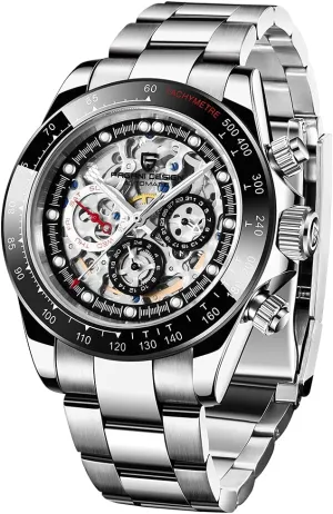 HaiQin Pagani Design 1653 Skeleton Automatic Watches for Men, Diamond Bezel Stainless Steel 100M Waterproof Self Winding Stylish Casual Wrist Watch