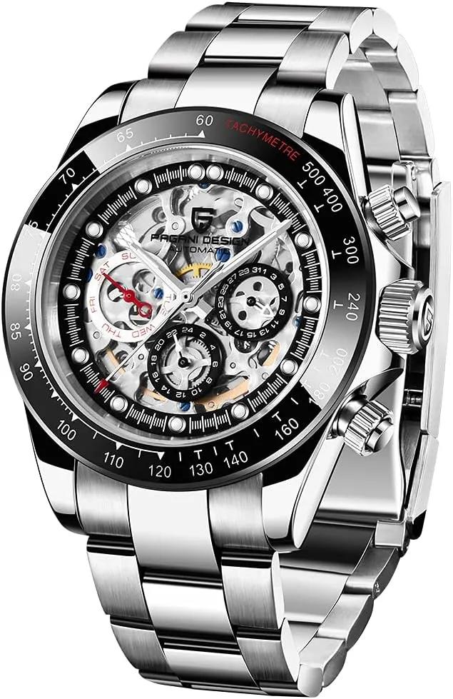 HaiQin Pagani Design 1653 Skeleton Automatic Watches for Men, Diamond Bezel Stainless Steel 100M Waterproof Self Winding Stylish Casual Wrist Watch