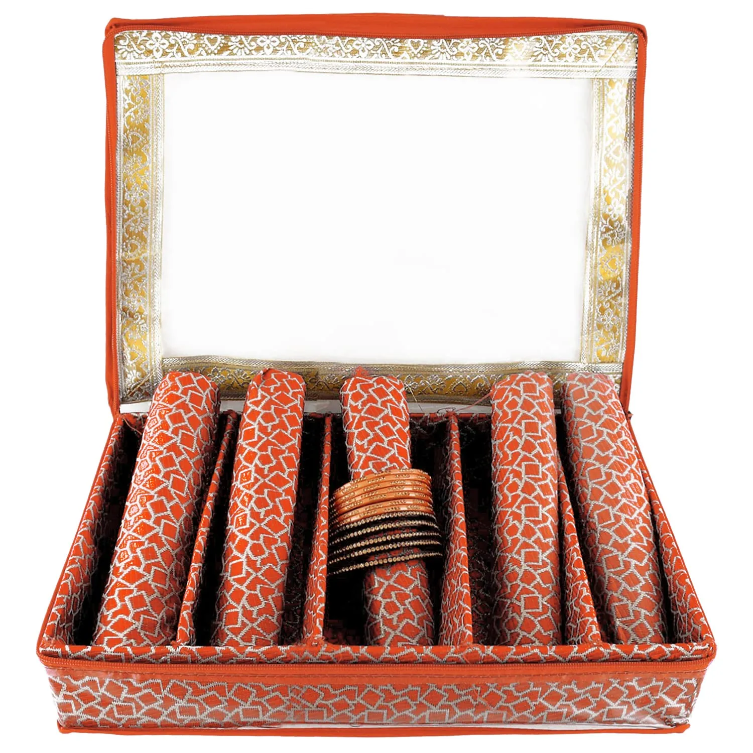 Heart Home Multipurpose Multi Saqare Design Laminated 5 Rod Bangle Box/Organizer/Case With Tranasparent Top (Orange)-47HH0329