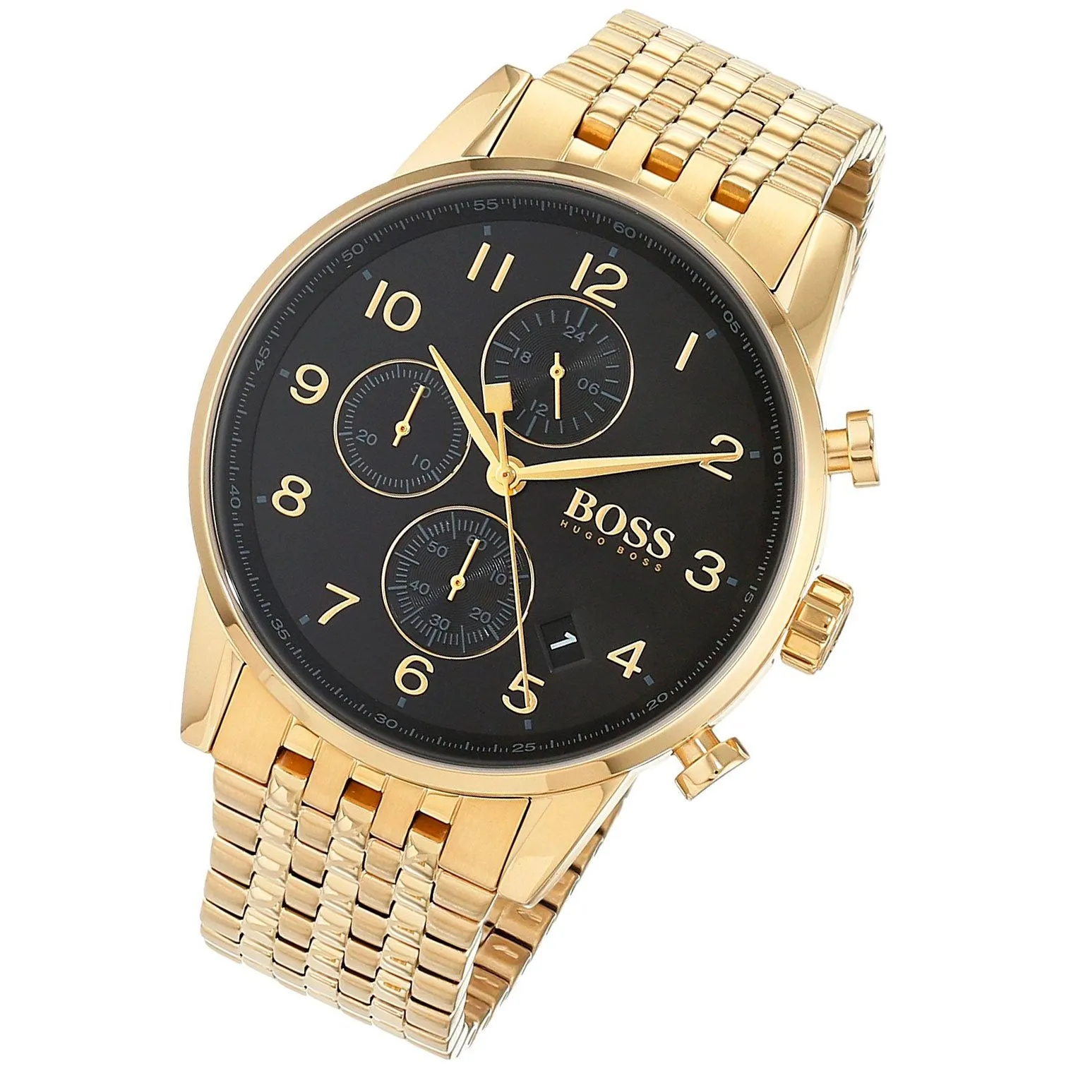 Hugo Boss Stunning Gold Navigator Black Chronograph S/Steel Men's Watch 1513531