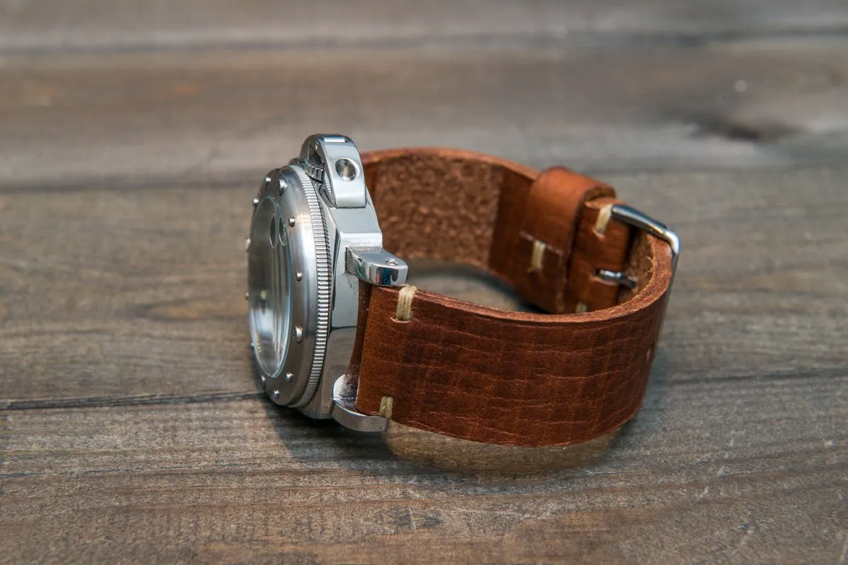 Italian bull leather watch strap 4 mm thick, Torre Cognac, handmade in Finland -  16mm, 17 mm, 18mm, 19 mm, 20mm, 21mm, 22mm, 23 mm, 24mm, 25 mm, 26 mm.