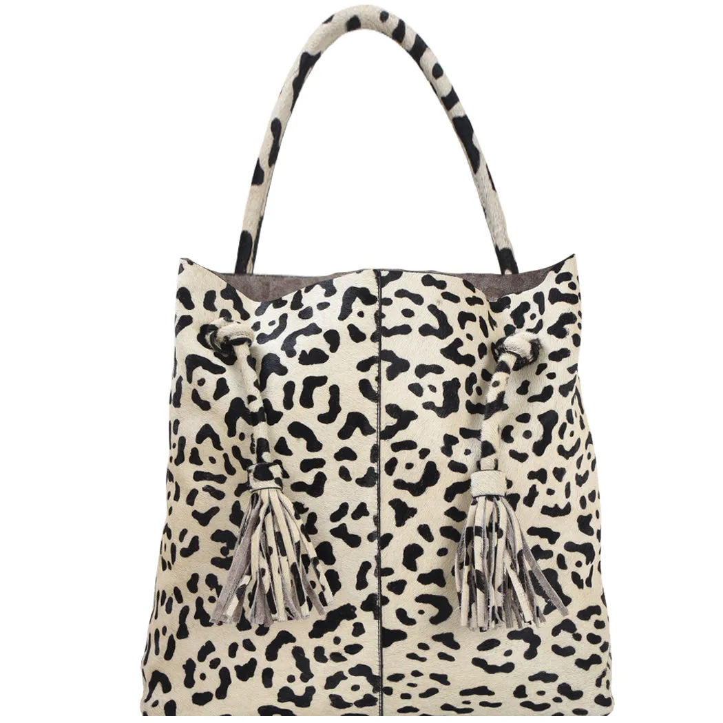 Ivory Leopard Leather Hobo Shoulder Bag