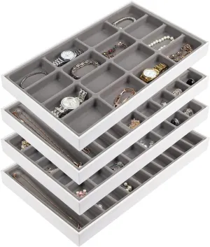 JACKCUBE DESIGN Stackable Synthetic Leather Jewelry Trays Organizer Jewelry Storage Display Earring Necklace Bracelet Ring Organizer for Drawer (Set of 4, White)- MK212-2ABCD