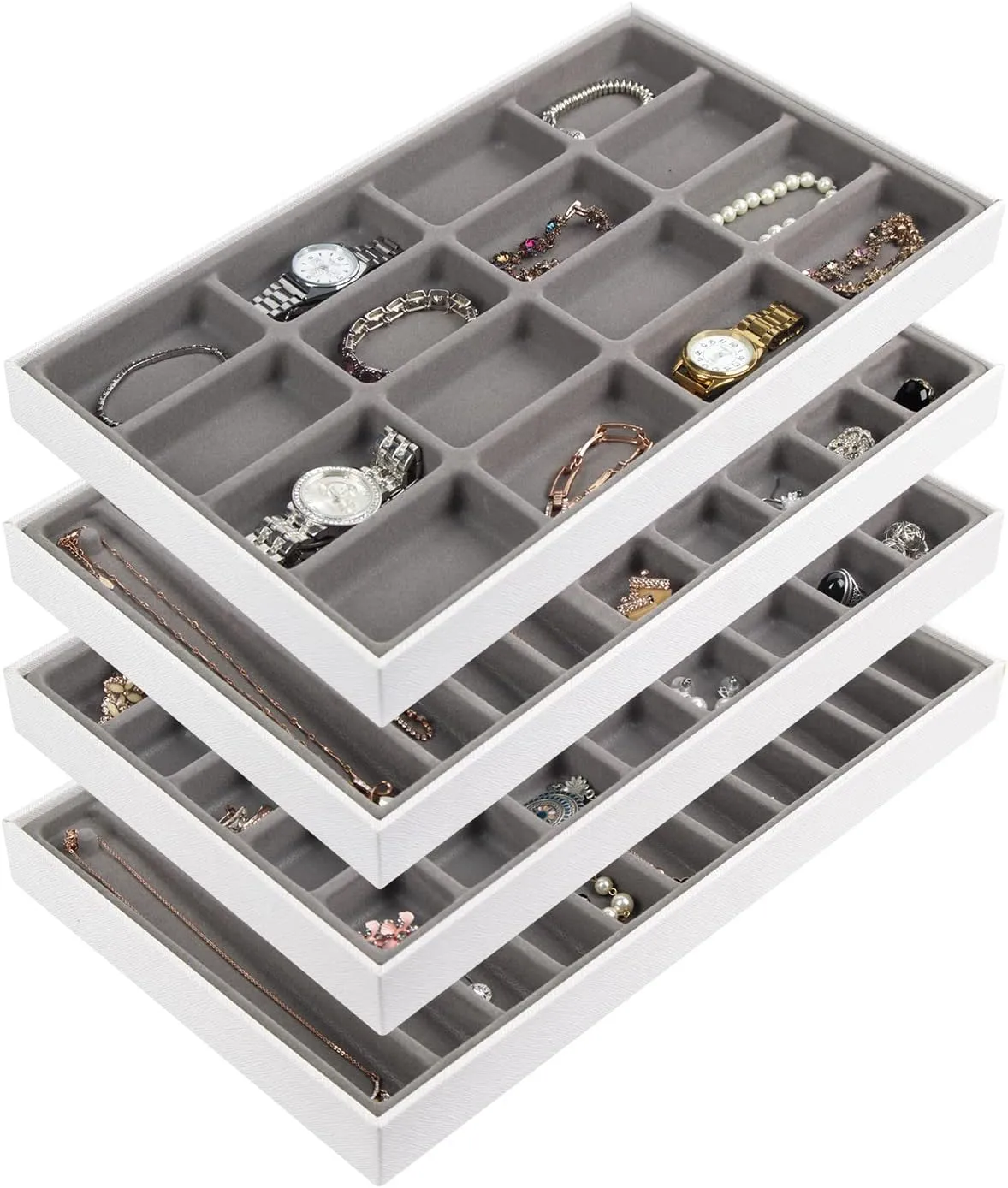 JACKCUBE DESIGN Stackable Synthetic Leather Jewelry Trays Organizer Jewelry Storage Display Earring Necklace Bracelet Ring Organizer for Drawer (Set of 4, White)- MK212-2ABCD