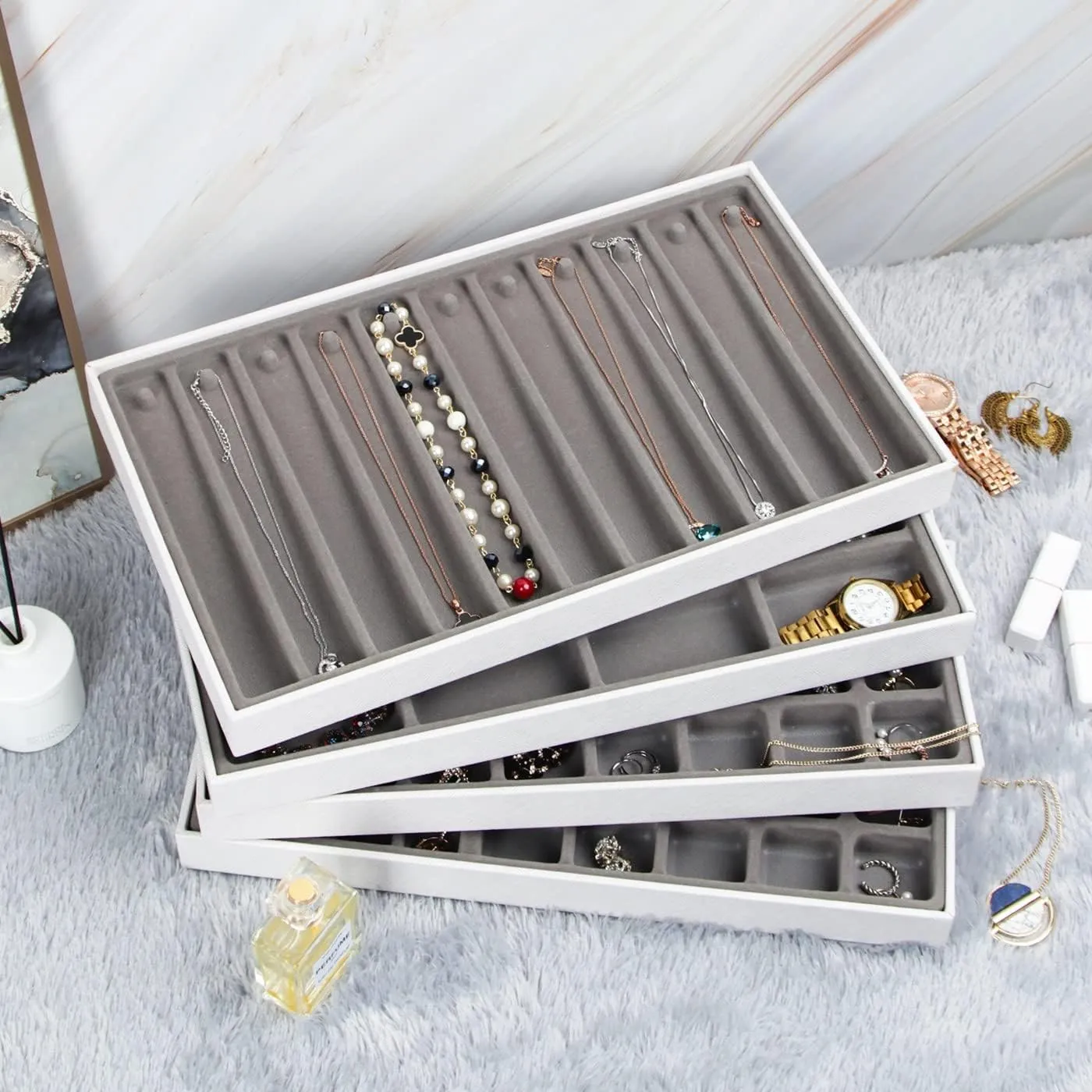 JACKCUBE DESIGN Stackable Synthetic Leather Jewelry Trays Organizer Jewelry Storage Display Earring Necklace Bracelet Ring Organizer for Drawer (Set of 4, White)- MK212-2ABCD