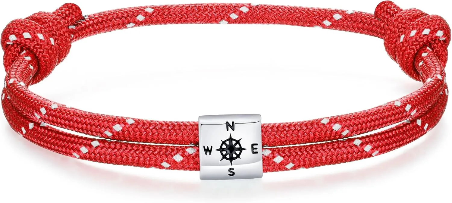J.Endar Compass Nautical Paracord Bracelet for Men, 925 Sterling Silver Handmade Bracelet Surfer Summer Beach Jewelry Partner Friendship Gift
