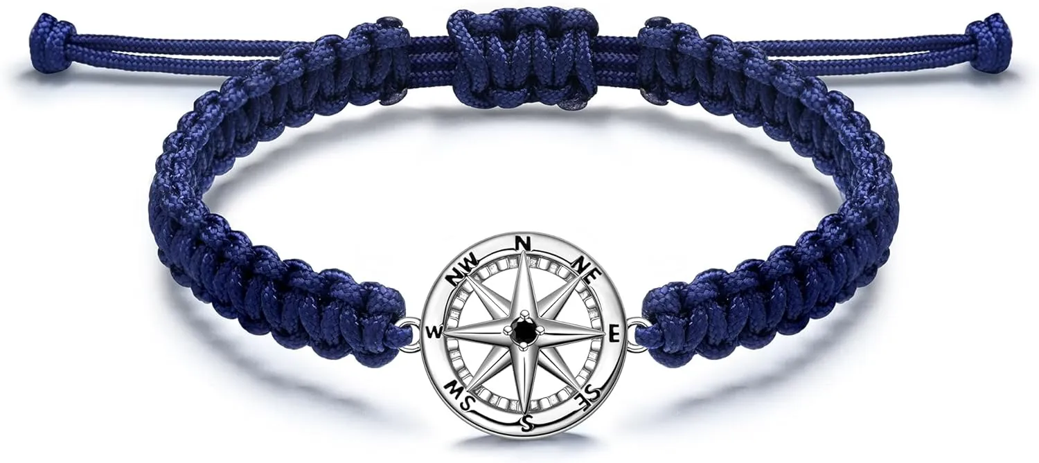 JENDEAR SHINE Compass Bracelet for Men, 925 Silver Adjustable Handmade Rope Chain, Vintage Viking Style Bracelet Gift for Men