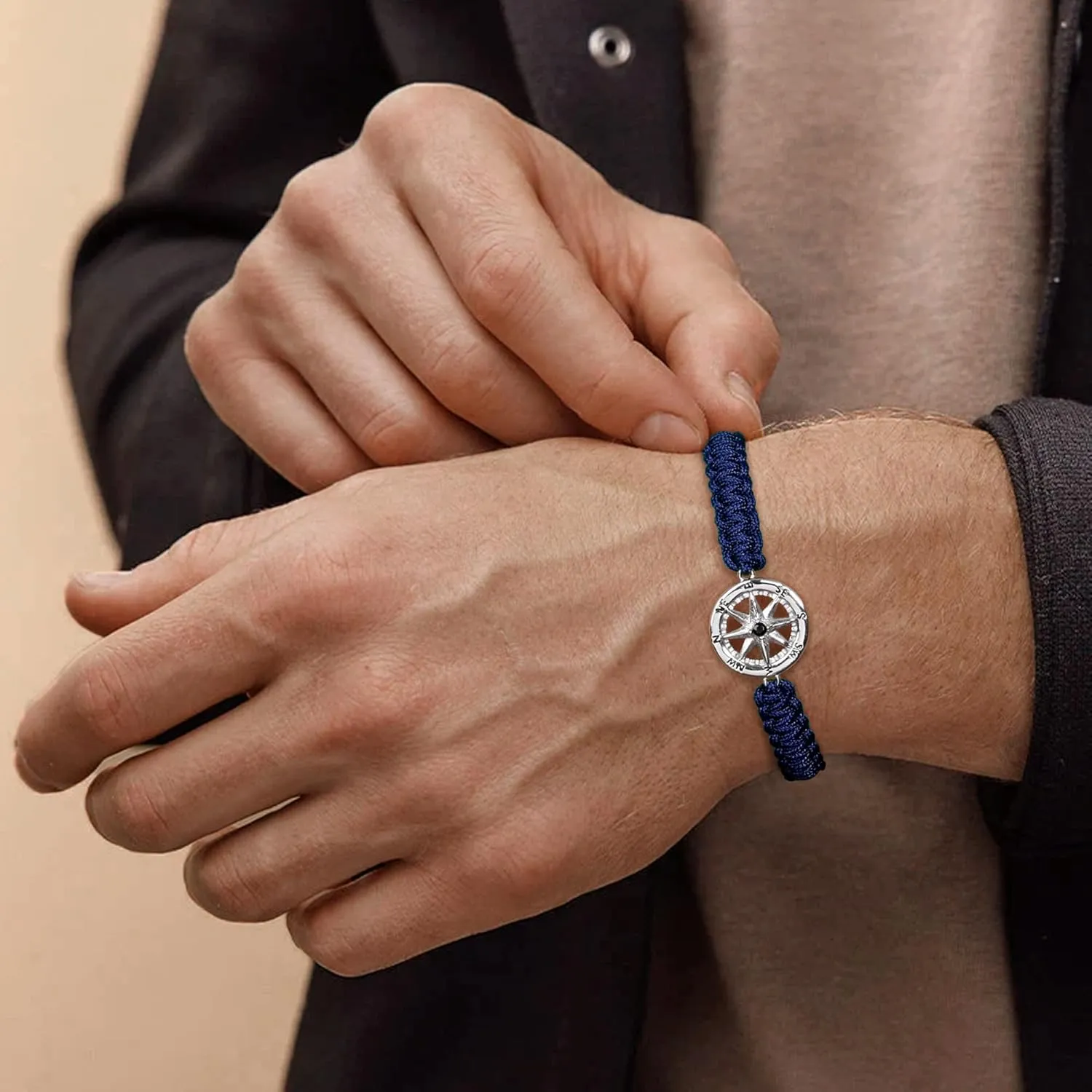 JENDEAR SHINE Compass Bracelet for Men, 925 Silver Adjustable Handmade Rope Chain, Vintage Viking Style Bracelet Gift for Men