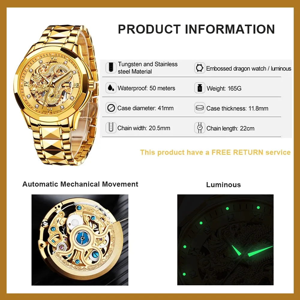 JSDUN Brand Luxury Automatic Mechanical Watches Gold Dragon Watch Waterproof Fashion Unique Gift relogio masculino