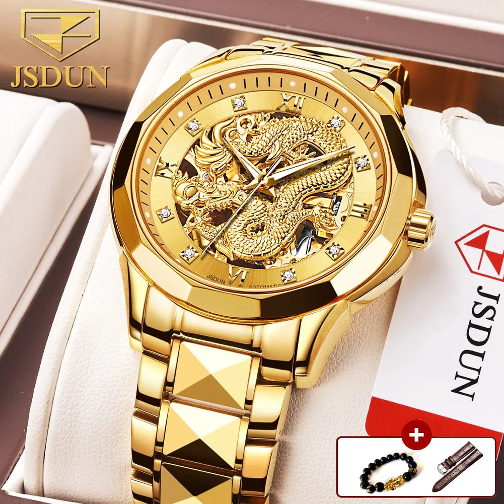JSDUN Brand Luxury Automatic Mechanical Watches Gold Dragon Watch Waterproof Fashion Unique Gift relogio masculino