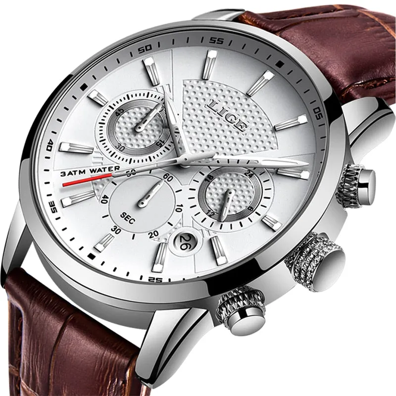 Leather Chronograph Waterproof Automatic Date Quartz Men Watch