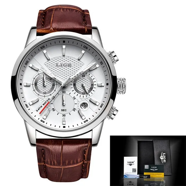 Leather Chronograph Waterproof Automatic Date Quartz Men Watch