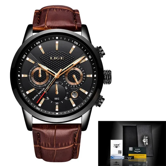 Leather Chronograph Waterproof Automatic Date Quartz Men Watch