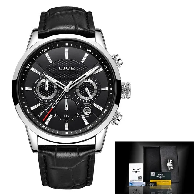 Leather Chronograph Waterproof Automatic Date Quartz Men Watch