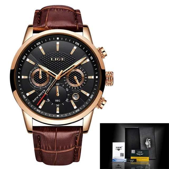 Leather Chronograph Waterproof Automatic Date Quartz Men Watch