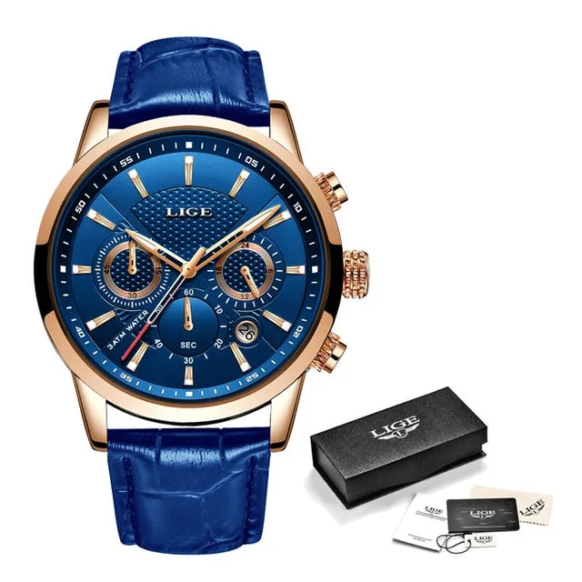 Leather Chronograph Waterproof Automatic Date Quartz Men Watch