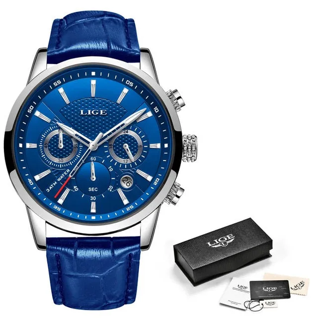Leather Chronograph Waterproof Automatic Date Quartz Men Watch