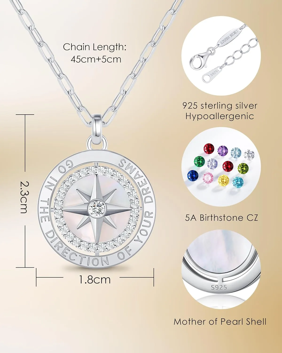 LOUISA SECRET Graduation Gifts for Her 2025, S925 Sterling Silver Compass Birthstone Necklace for Her, Anniversary Birthday Jewelry Gifts for Women Her
