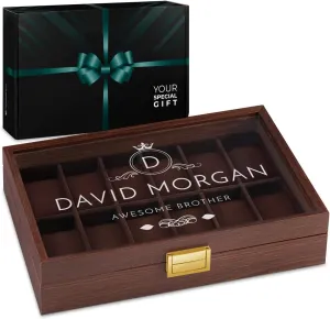 Maverton Wooden Rectangular Watch Case for him - Transparent Engraved Glass Top - For 12 Watches - For Elegant Men - Birthday - Storage box for dad - Brother