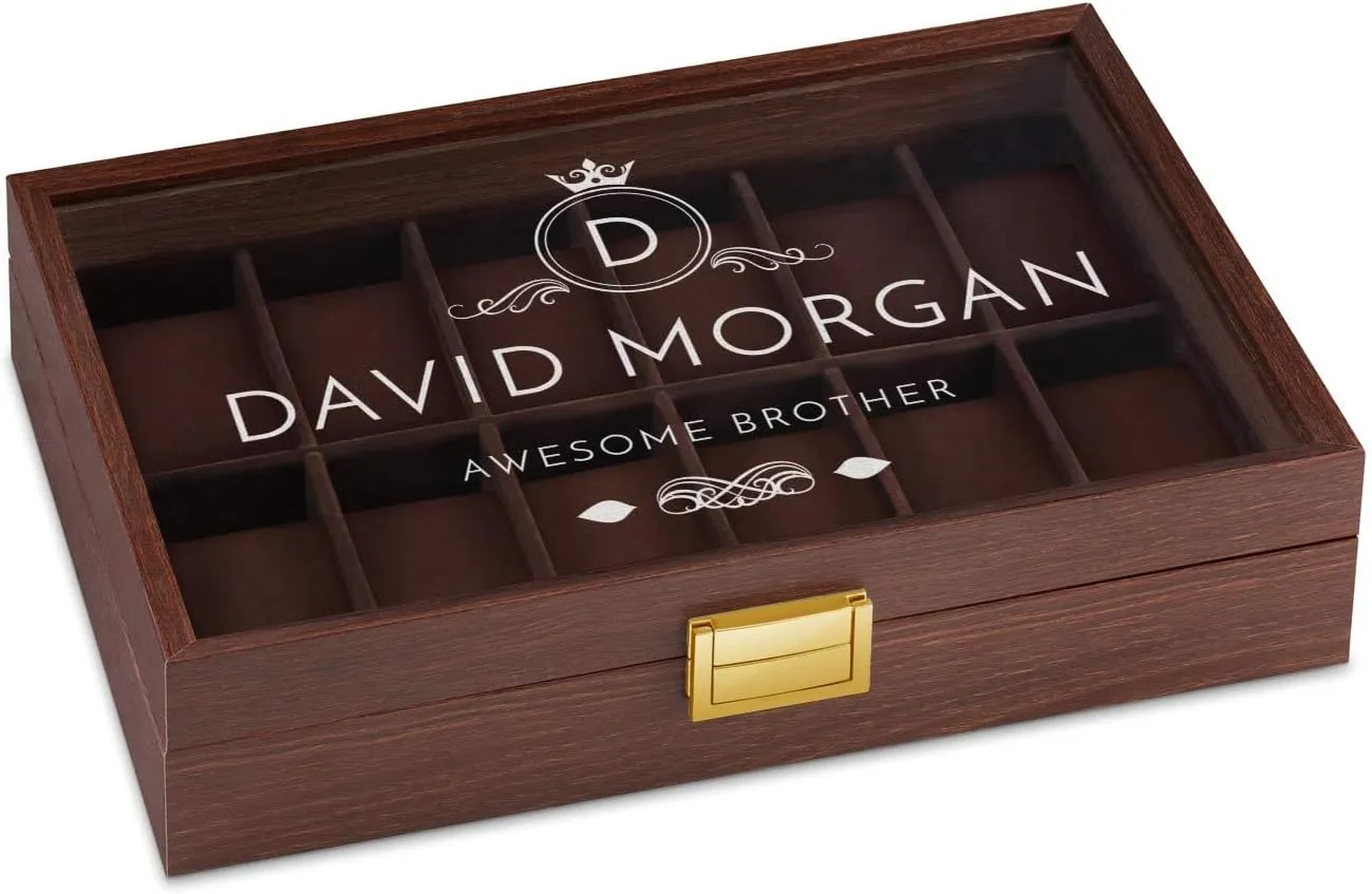 Maverton Wooden Rectangular Watch Case for him - Transparent Engraved Glass Top - For 12 Watches - For Elegant Men - Birthday - Storage box for dad - Brother