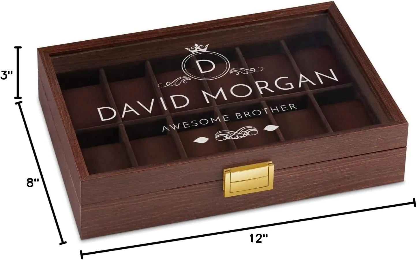 Maverton Wooden Rectangular Watch Case for him - Transparent Engraved Glass Top - For 12 Watches - For Elegant Men - Birthday - Storage box for dad - Brother