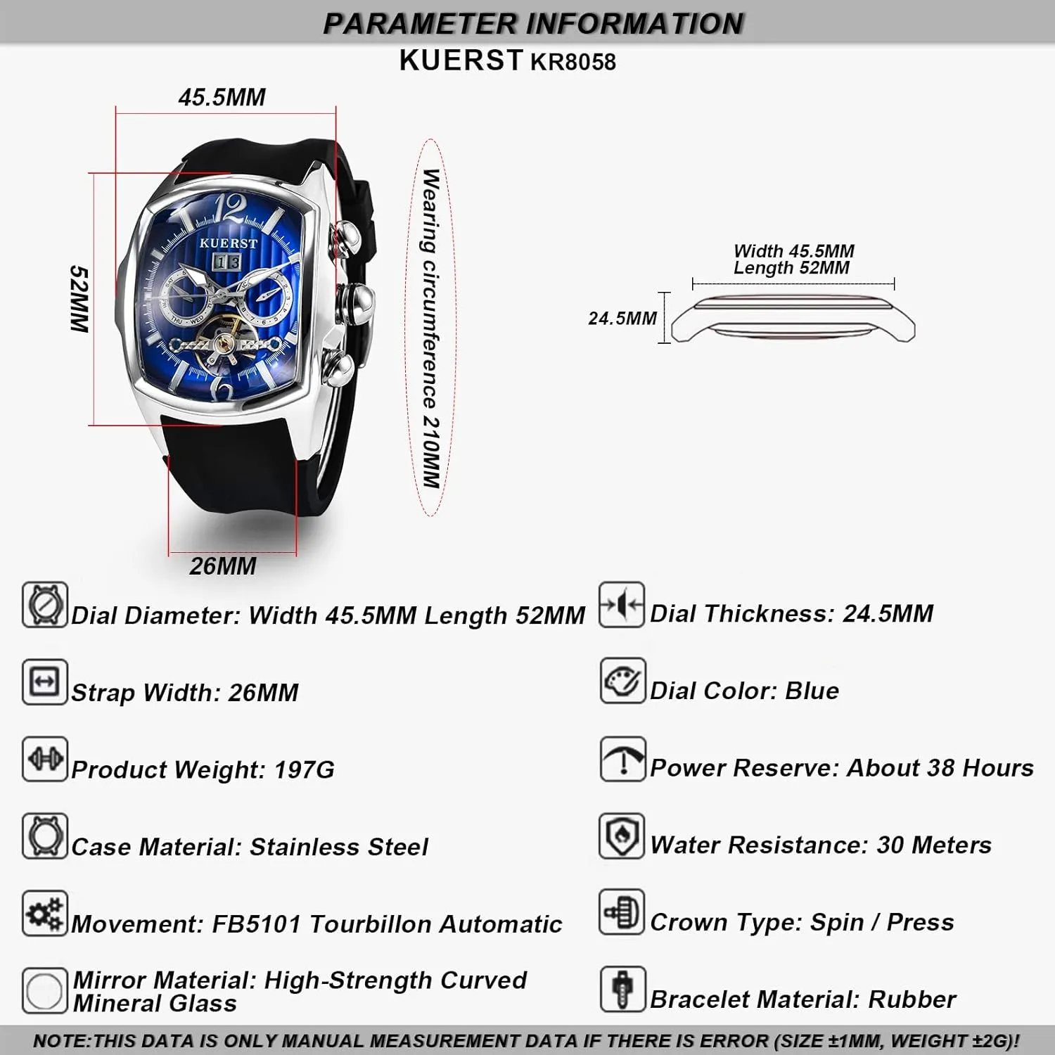 Men Automatic Watch Square Tourbillon Mechanical. Month, Date and Week Display, Stainless Steel Stylish Design Elegant Business Wristwatches