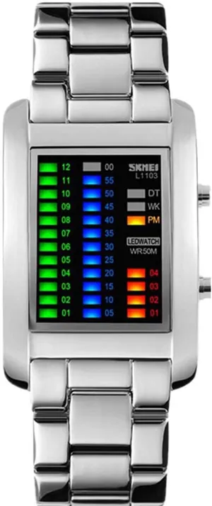 Men's Creative Binary Matrix Blue LED Digital Waterproof Watch Stainless Steel Military Silver Watches