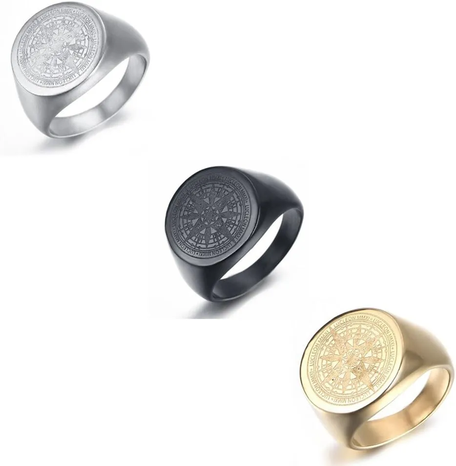 Mens Vintage Round Compass Signet Ring, Stainless Steel Nautical Compass Rings