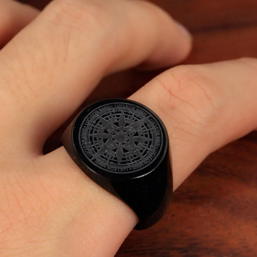 Mens Vintage Round Compass Signet Ring, Stainless Steel Nautical Compass Rings