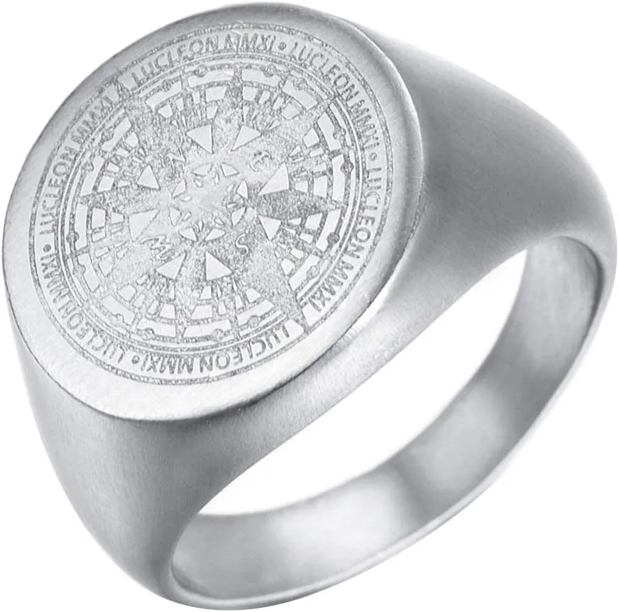 Mens Vintage Round Compass Signet Ring, Stainless Steel Nautical Compass Rings