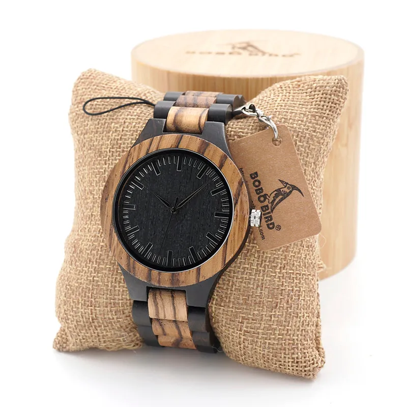 Men's Walnut and Ebony Wooden Watch with All Wood Strap Quartz Analog watch with Quality Miyota Movement clock gifts