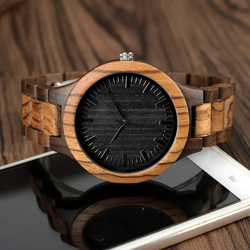 Men's Walnut and Ebony Wooden Watch with All Wood Strap Quartz Analog watch with Quality Miyota Movement clock gifts