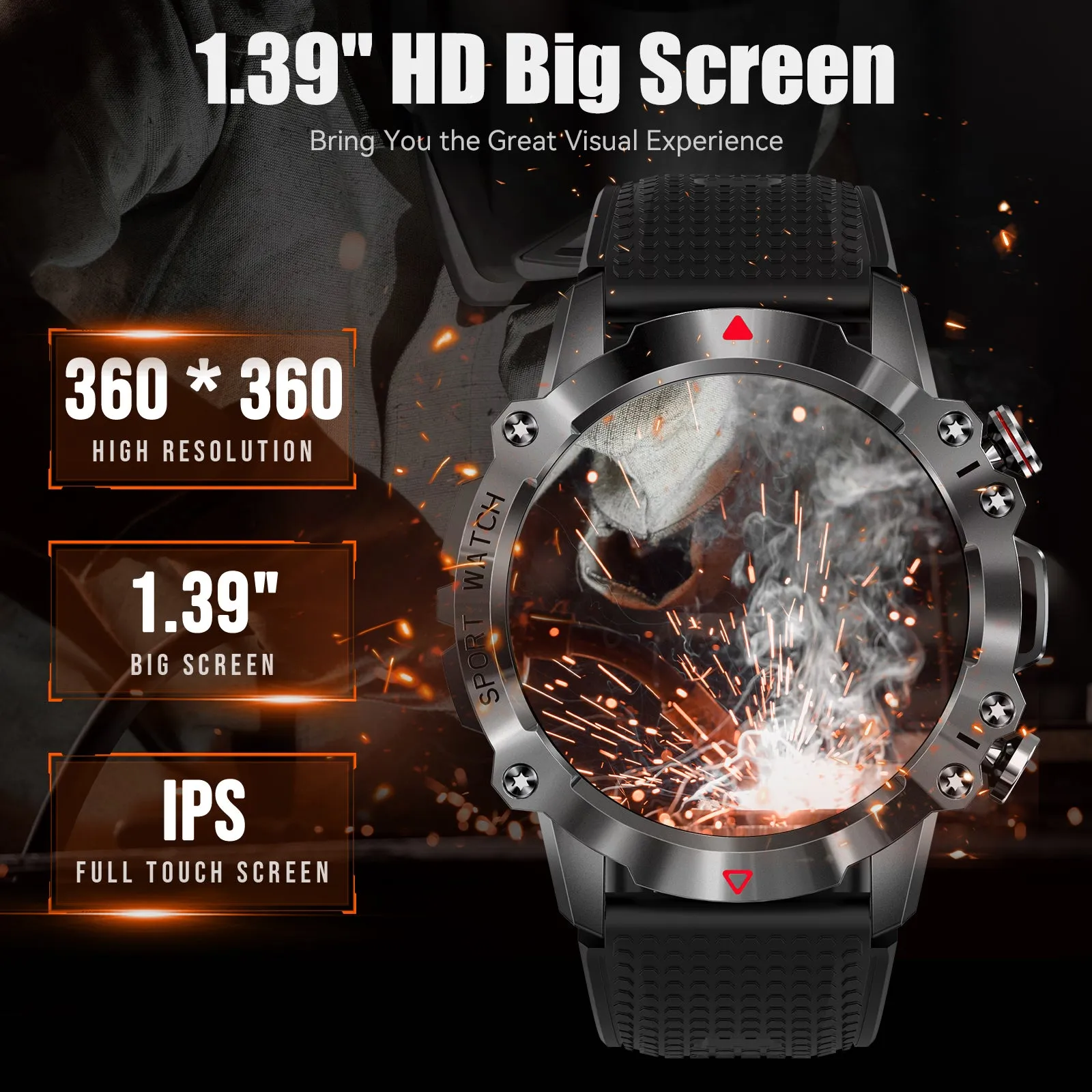 Military Smart Watch for Men Make Calls 1.39" HD Big Screen Outdoor Fitness Tracker with 105 Sports Modes Heart Rate Monitor Activity Tracker Rugged Tactical Smartwatch Compatible with Android iPhone