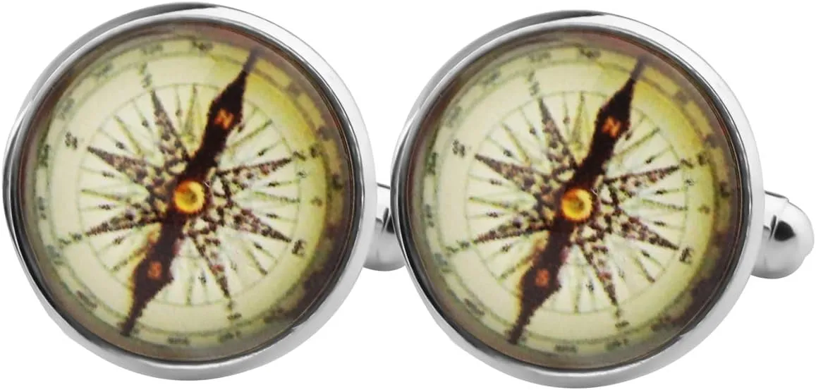 MYOSPARK Nautical Compass Glass Dome Round Cabochon CuffLinks Wanderlust Jewelry Travel Gift For Boyfriend Husband Dad
