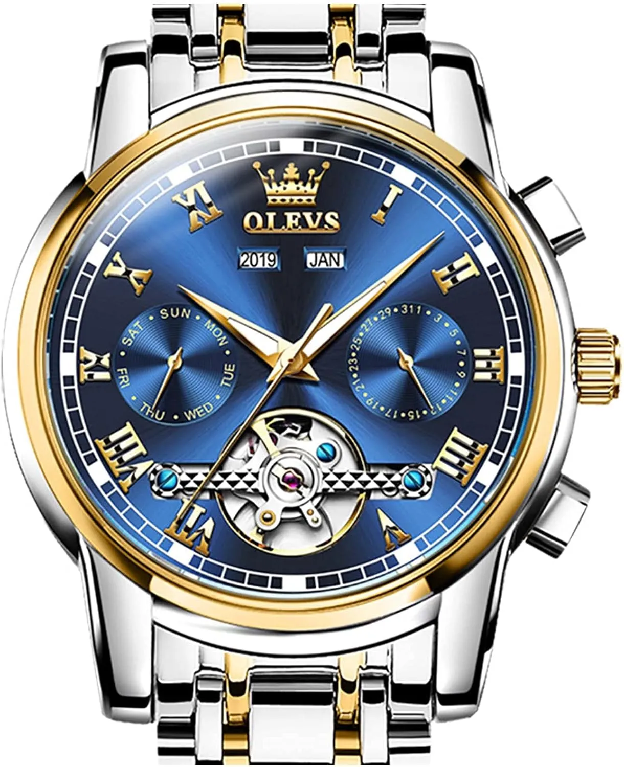 OLEVS Automatic Mechanical Men Watch,Day-Date-Month-and-Year Automatic Watch Men,Fashion Stainless Steel Watch Green&Blue&Black Face