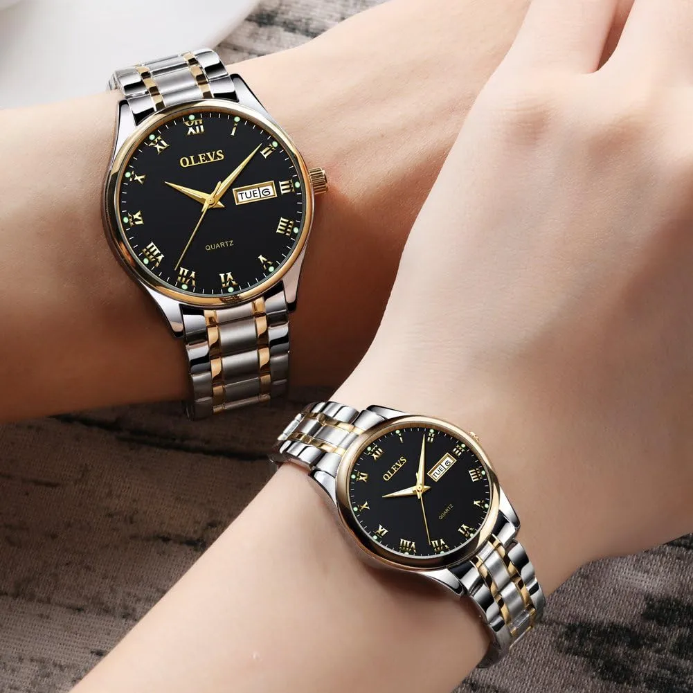 OLEVS Valentines Couple Pair Quartz Watches Luminous Calendar Date Window 3ATM Waterproof, Casual Stainless Steel His and Hers Wristwatch for Men Women Lovers Wedding Romantic Gifts Set of 2