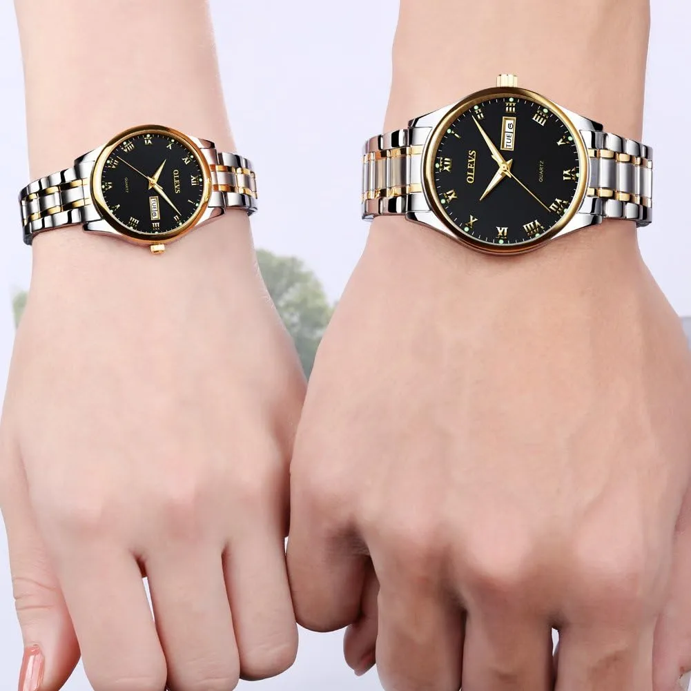 OLEVS Valentines Couple Pair Quartz Watches Luminous Calendar Date Window 3ATM Waterproof, Casual Stainless Steel His and Hers Wristwatch for Men Women Lovers Wedding Romantic Gifts Set of 2