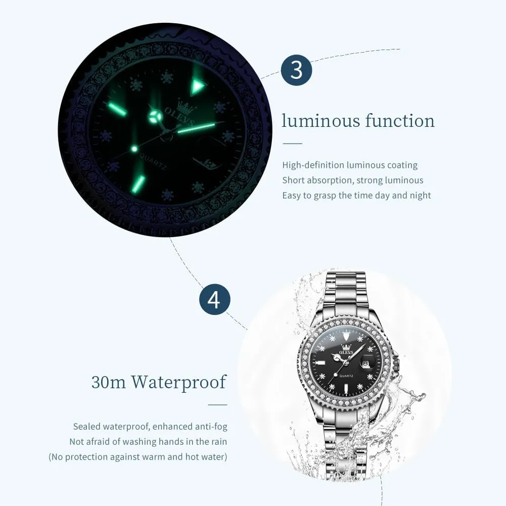 OLEVS Womens Watch Elegant Dress Diamond Analog Quartz Watch Two Tone Stainless Steel Waterproof Luminous Wristwatch