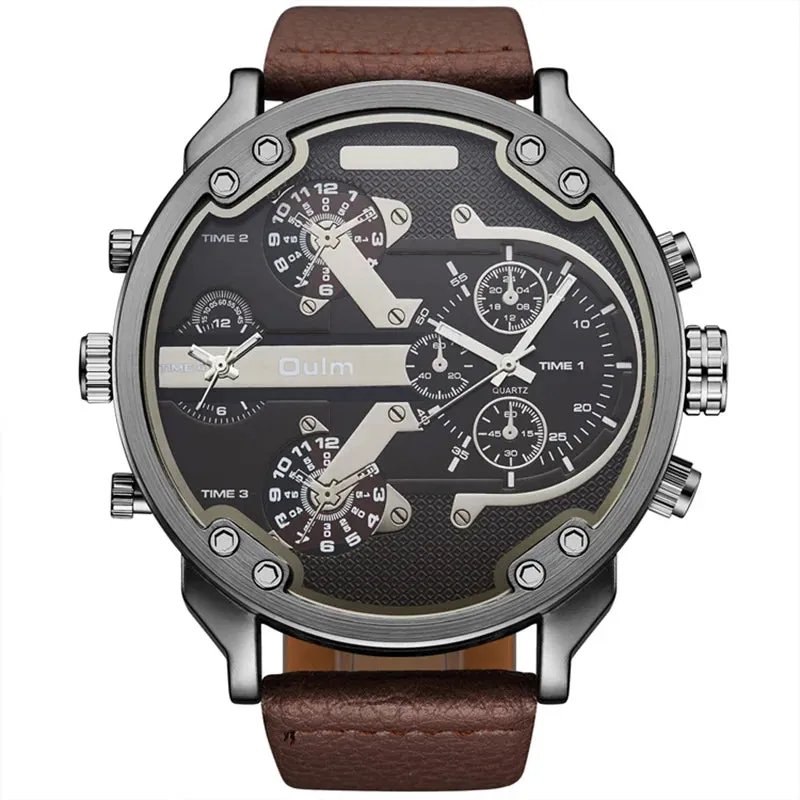 Oulm Men's Casual Sports Watches Unique Design Big Watch Male Leather Strap Quartz Clock Double Time Zone Men Luxury Wristwatch
