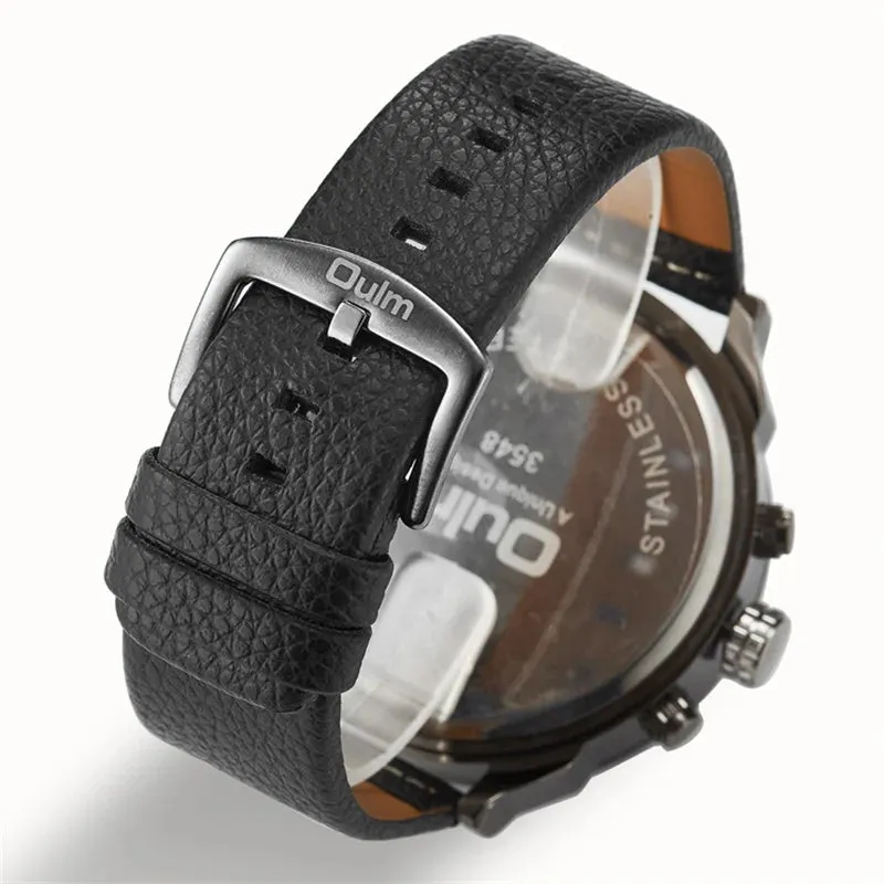 Oulm Men's Casual Sports Watches Unique Design Big Watch Male Leather Strap Quartz Clock Double Time Zone Men Luxury Wristwatch