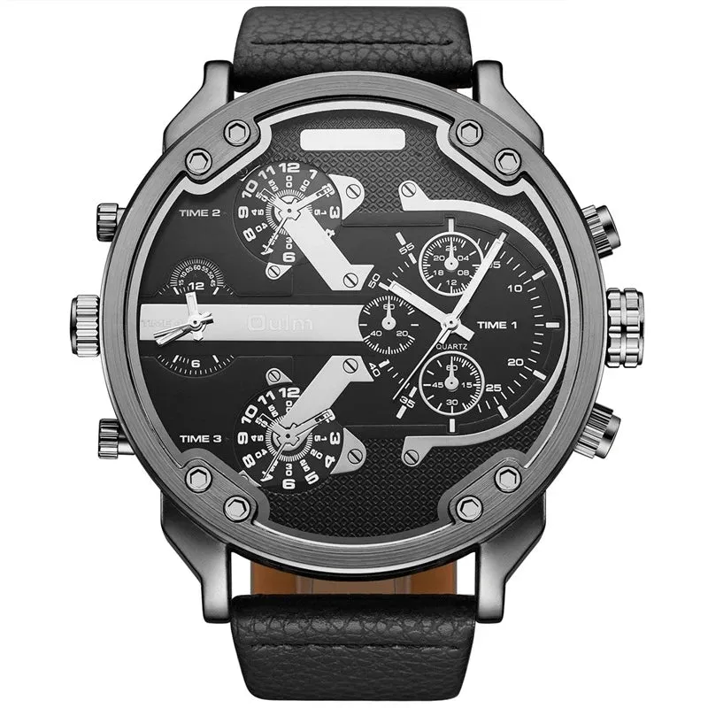 Oulm Men's Casual Sports Watches Unique Design Big Watch Male Leather Strap Quartz Clock Double Time Zone Men Luxury Wristwatch