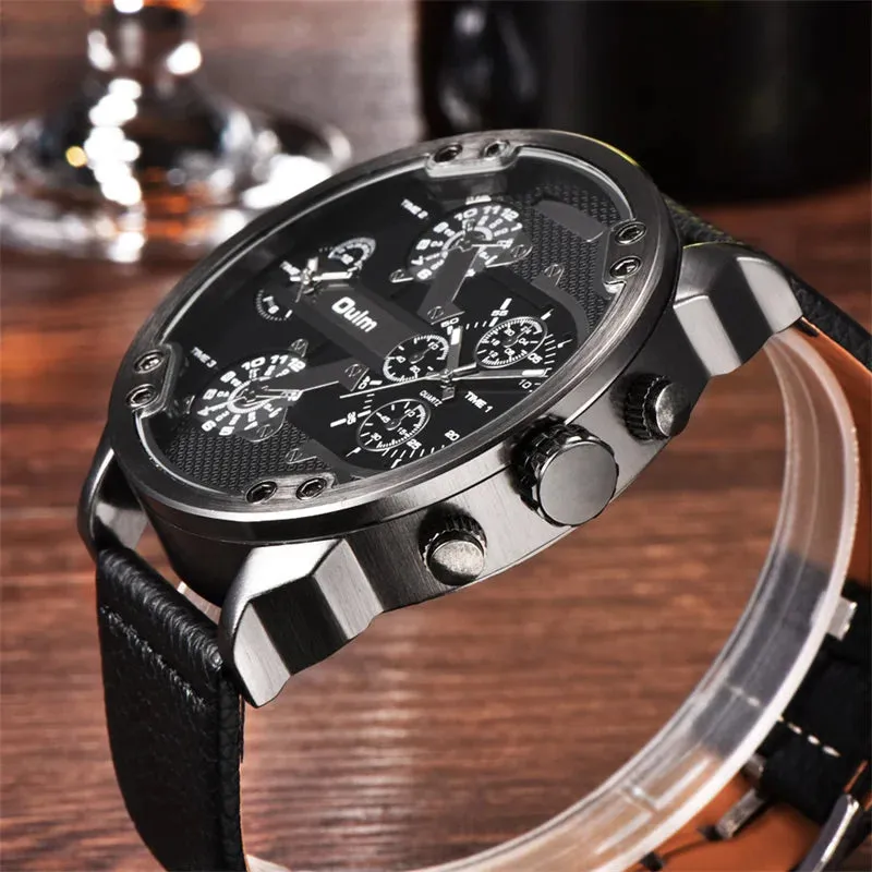 Oulm Men's Casual Sports Watches Unique Design Big Watch Male Leather Strap Quartz Clock Double Time Zone Men Luxury Wristwatch
