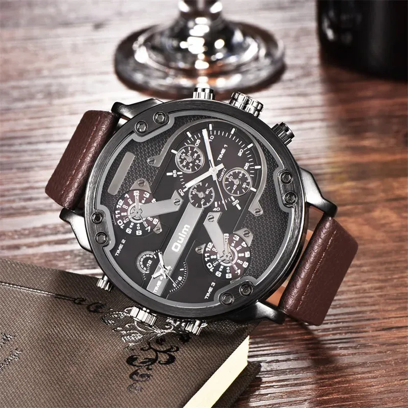 Oulm Men's Casual Sports Watches Unique Design Big Watch Male Leather Strap Quartz Clock Double Time Zone Men Luxury Wristwatch