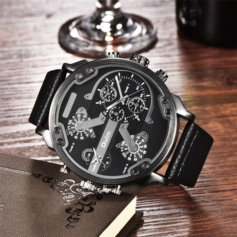Oulm Men's Casual Sports Watches Unique Design Big Watch Male Leather Strap Quartz Clock Double Time Zone Men Luxury Wristwatch