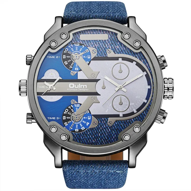Oulm Men's Casual Sports Watches Unique Design Big Watch Male Leather Strap Quartz Clock Double Time Zone Men Luxury Wristwatch
